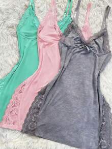 3 Pieces Of Women's Solid Color Sexy Lingerie, Bowknot Lace Splicing Nightdress, Side Split Suspender Skirt, Sexy Lace Underwear Nightdress Bottoming Skirt - 綠色+粉紅色+灰色 - 查看 12