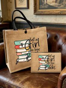 黃色亞麻2件組，大容量亞麻托特包，印有「Just A Girl Who Loves Books」彩色字母印花圖案，愛書之人設計，時尚女款亞麻托特包，多功能購物袋、筆袋、化妝包，適合女性、母親、老師、朋友、學生作為禮物，適用於海灘、假期、返校、母親節、教師節、返校季 - 彩色 - 查看 13
