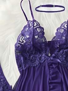 ROMWE Kawaii 3件套女士性感深V蕾丝莲花内衣套装，多功能性感睡衣，适合卧室、浴室、派对穿着 - 紫色 - 查看 4