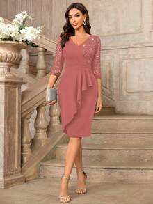 MIUSOL Classic V-Neck Sequin Floral Lace Contrast Ruffle Hem 3/4 Sleeve Bodycon Cocktail Dress - Dusty Pink - View 8