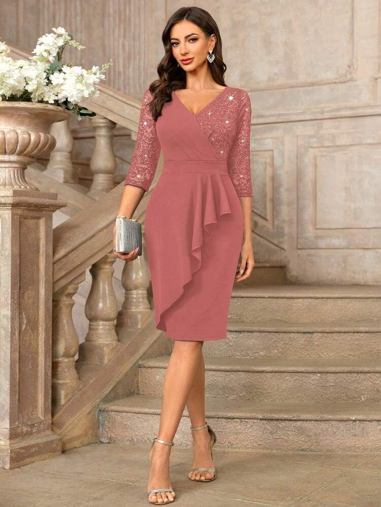 MIUSOL Classic V-Neck Sequin Floral Lace Contrast Ruffle Hem 3/4 Sleeve Bodycon Cocktail Dress - Dusty Pink - View 7