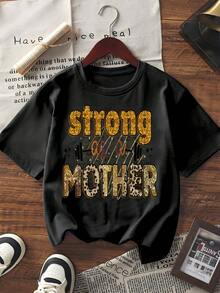 Damen Kurzarm Grafik T-Shirt "Strong As A Mother" mit Glitzer Leopardenmuster, lässig geschnittenes Crew-Neck Oberteil für den täglichen Gebrauch - Schwarz - Übersicht 6