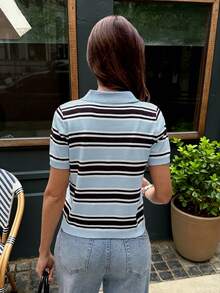 女款 Y2K 藍色條紋翻領短袖針織開襟衫，優雅休閒百搭上衣，適合春夏約會與通勤 - 彩色 - 查看 12