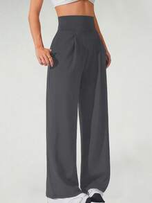 Women's Solid Color High Waisted Pleated Pocket Wide Leg Sports Pants, Comfortable Sports Wide Leg High Waisted Casual Pants, Often Casual In Spring, Autumn, And Winter - Xám - Xem 5
