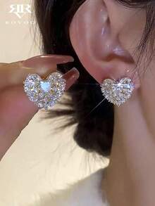 1 Pair Women Heart Shaped Rhinestone Earrings Luxury Elegant Romantic Unique Stud Earrings Fashion Jewelry Gift For Her - 黃金 - 查看 7