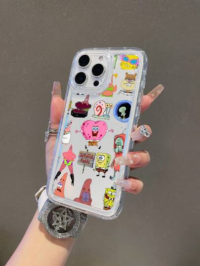 SPONGEBOB 1 pieza Funda de teléfono con absorción de golpes y perforada con gráfico de la familia de Bob Esponja, compatible con Samsung/Apple 17/16/15/14/13/12/11 Pro Max/12 Pro/14 Plus y otros modelos