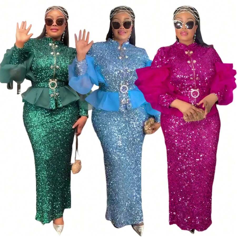 Newly Designed Beadwork Evening Dress For Ladies, African Women's Large-Sized Coat, High-Waisted Dress Set, Two-Piece Set, Goddess Dress, Birthday Party Dress - 綠色 - 查看 1