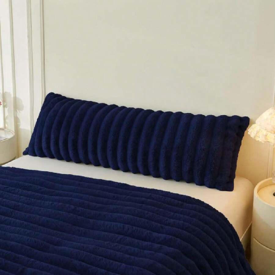 Fluffy Faux Rabbit Fur Body Pillow Cover, Luxury Plush Fuzzy Striped 20x54 Bed Body Pillowcase, Shaggy Furry Ribbed Bedroom Long Pillow Case With Zipper For Pregnant Women Side Sleeper, Navy Blue,39983372 - 藏蓝色 - 查看 1