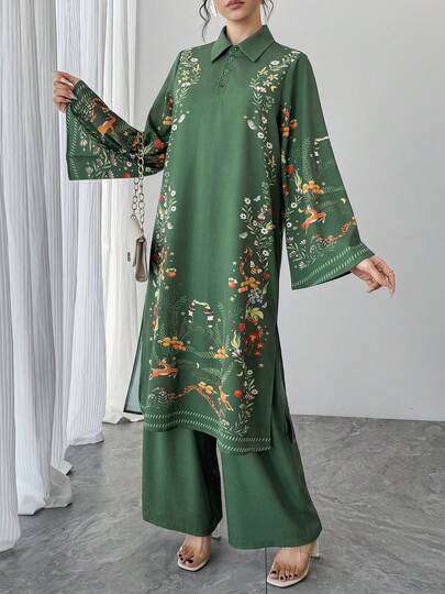 2pcs/Set Women's Outfit, Green Floral Print Lapel Button Flare Sleeve Long Pullover Top + Green Elastic Waist Wide Leg Pants, Elegant Arabic Style Luxury Contrast Color Formal Evening Party Holiday Dress, Suitable For Home Daily And Arabic Clothing