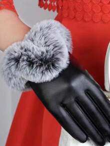 1pair Women's Leather Touchscreen Gloves With Fuzzy Lining, Warm And Windproof Halloween Accessories Winter Gloves - 黑色 - 查看 11