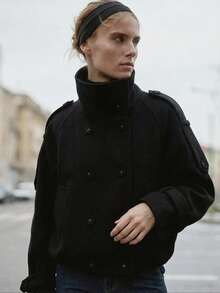 Elegant Solid Black Double Breasted Woolen Bomber Jacket With High Neck, Chic Old Money Coat With Shoulder Tabs, Sophisticated Spring/Fall/Winter Outerwear - Black - View 2