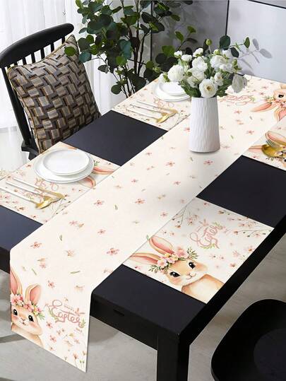 2/4/6/8pcs Round, Floral, Rectangular Brown Cute Rabbit, Pink Wreath Easter Happy Placemats, Pink Themed Seasonal Spring Dining Table Mats, Suitable For Party, Kitchen, Dining Room Decor