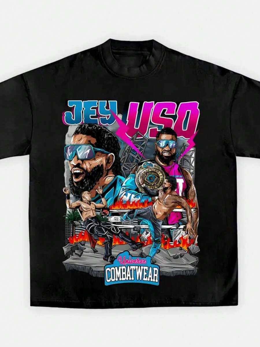 WWE JEY USO FLAMES COMIC TEE, Wrestling Tee, Wrestling Graphic Tee, 2025 Wrestler Shirt, Sports Shirt, Vintage Wresting Shirt, Wrestling Fan Gift - 黑色 - 查看 1