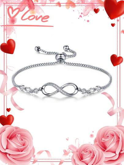 1pc 925 Sterling Silver Infinity Symbol Zirconia Decor Adjustable Bracelet (Eternal Bond Edition), Gift Box, Suitable For Daily Wear And Valentine's Day Gift
