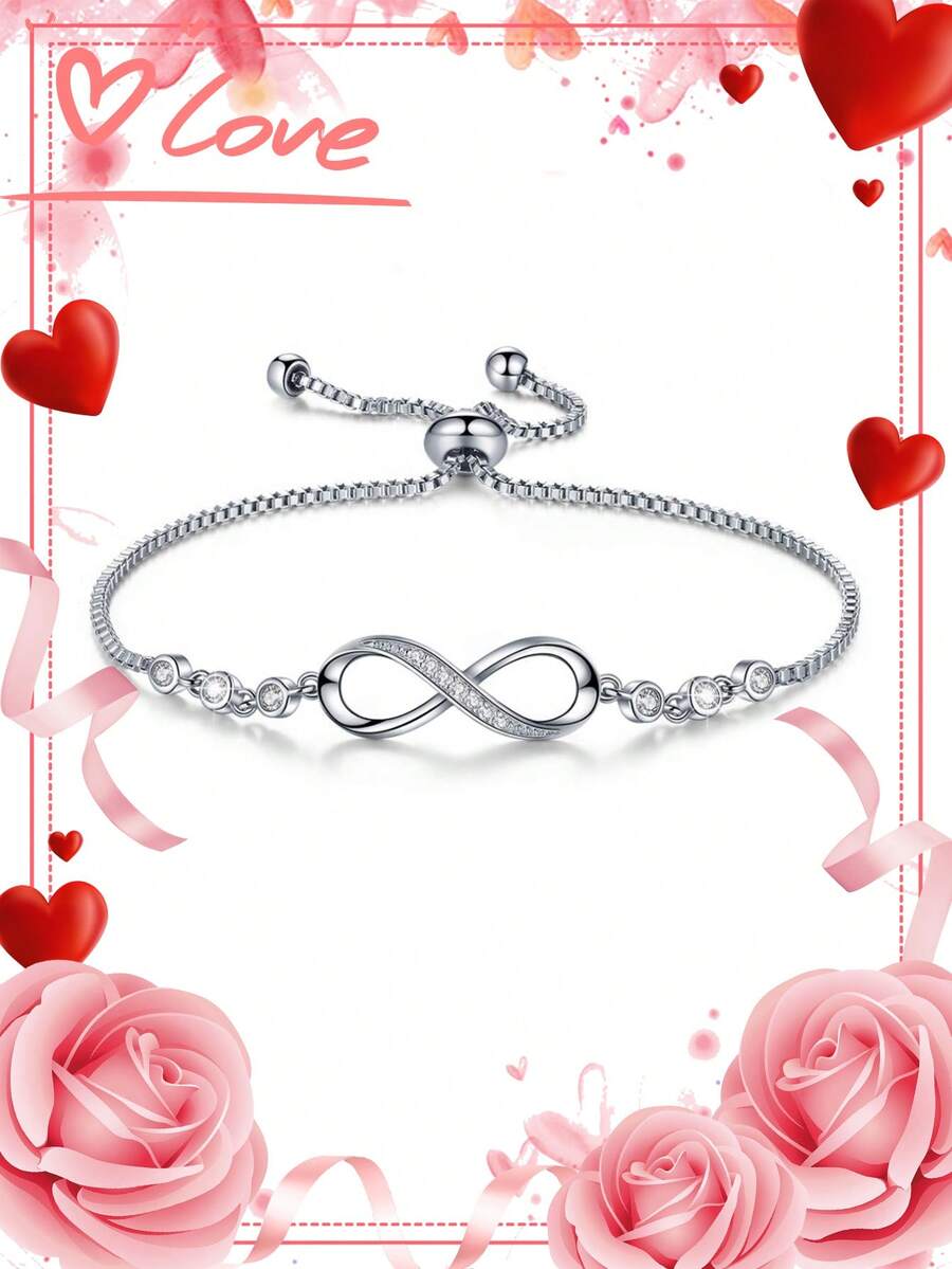 1pc 925 Sterling Silver Infinity Symbol Zirconia Decor Adjustable Bracelet (Eternal Bond Edition), Gift Box, Suitable For Daily Wear And Valentine's Day Gift - Silver - View 1