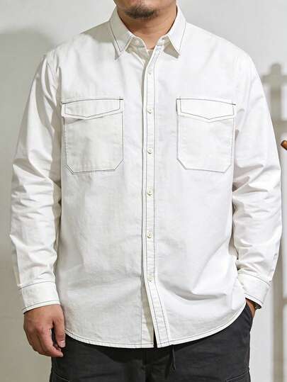 Plus Size Men's White Classic Long Sleeve Shirt, New Autumn Collection