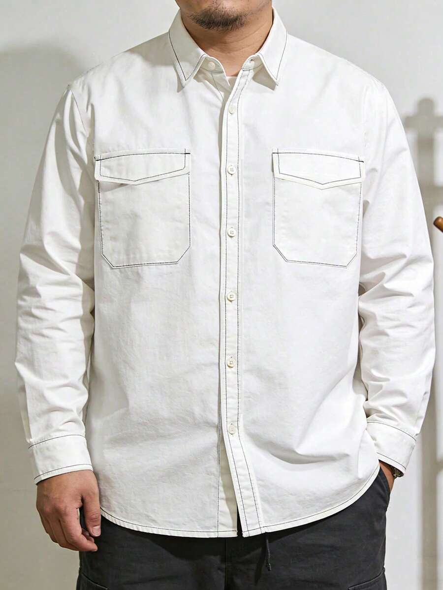 Plus Size Men's White Classic Long Sleeve Shirt, New Autumn Collection - White - View 1