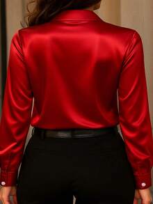 Plus Size Women's Fashion New Casual Satin Button-Up Shirt, All Season Spring Red - Red - View 2
