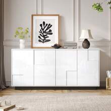 Living Room Sideboard, 160 X 37 X 75.5 Cm, With 4 Doors. High-Gloss Lacquered Furniture, Low Cabinet With Geometric Shapes, Chest Of Drawers Offering Ample Storage Space, White And Black Color Scheme, 160 Cm Wide. - 白色 - 查看 12