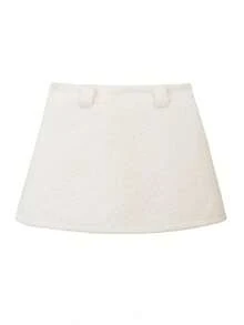 White Faux Lamb Wool A-Line Mini Skirt, High Waist, Versatile, Includes Belt, Winter - White - View 5