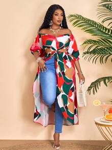 BIUBIU 度假风花卉图案加大码梭织面料甜心领泡泡袖长款上衣 - 紅色 - 查看 3