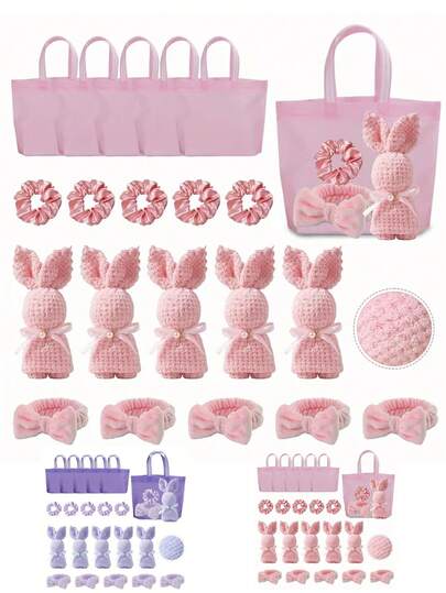 4件套水疗睡衣派对礼盒套装 - 包括1条兔耳朵毛巾、1个发带、1个发圈和1个手提袋。非常适合单身派对、水疗派对、生日、情人节、婚礼、下午茶、周年纪念日和其他庆祝活动。