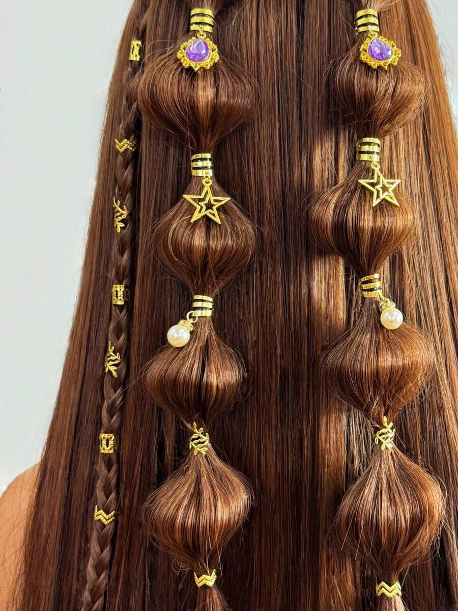 36 pièces Anneaux de cheveux en cristal bohème avec strass, anneaux de cheveux avec pendentif étoile, accessoires de cheveux en alliage pour dreadlocks et tresses, pour fête, rassemblement, port quotidien - Multicolore - Voir 1
