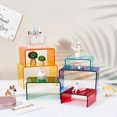 6 Pcs Acrylic Display Stands Set, Modern Clear Colorful Tiered Organizer, For Collectibles, Retail, Jewelry, Cosmetics, Desserts, Action Figures With No Electricity Needed