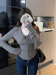 Sexy V-Neck Long Sleeve Lace Trim Fitted T-Shirt For Women, Autumn/Winter - Grey - View 1