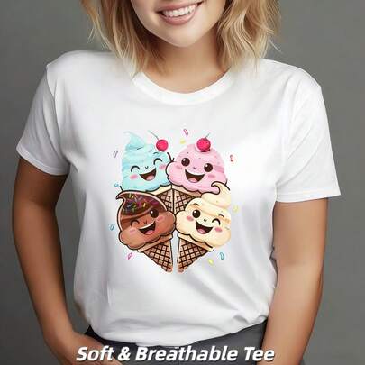 Camiseta suave y transpirable con estampado de dibujos animados de helado, ropa casual de verano, conjunto divertido, playera oversized con estampado llamativo |   Top de Moda para Mujer, Blusa Holgada Y2K de Manga Corta. Estilo Vintage y Streetwear, Combina Perfecto con Jeans Altos, para Fiestas, Viajes y Looks de Noche |   Ropa de Mujer