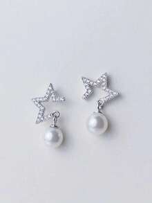 1 Pair New Rhinestone Star Earrings For Women, Fashionable Minimalist Faux Pearl Earrings - Silver - View 1