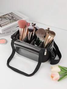 1pc Large Black Shoulder Strap Makeup Brush Storage Bag, Makeup Brush Holder, Vertical Makeup Brush Rack, Professional Travel Makeup Bag With Shoulder Strap And Adjustable Compartments - Multicolor - View 8