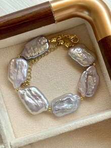 1pc Elegant Baroque Natural Freshwater Pearl Bracelet, Unique Design, High-End, Summer Square Bracelet Jewelry For Women - 彩色 - 查看 4