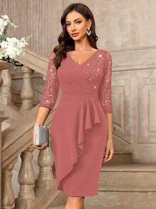 MIUSOL Classic V-Neck Sequin Floral Lace Contrast Ruffle Hem 3/4 Sleeve Bodycon Cocktail Dress - Dusty Pink - View 2