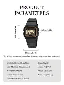 Casio 卡西欧男女通用电子表 - 防水表带，具备日历、闹钟和秒表功能。复古学生风方形腕表。橡胶表带。运动时尚。适合日常佩戴。新年、圣诞节、圣诞礼物。 - 橘子黑色 - 查看 7