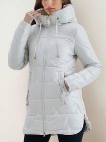 Mid-Length Glossy Down Jacket - Drawstring Hooded With Metal Details | Warm For Autumn/Winter: Suitable For Daily Wear And Commuting - Light Grey - View 5
