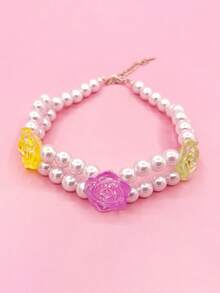 双层珍珠项链，适合中小型宠物，双层仿珍珠项链，花朵造型宠物饰品 - 彩色 - 查看 4
