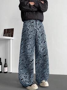 Quần jeans ống rộng họa tiết da báo đen trắng phong cách đường phố Mỹ ONE . DINY dành cho nam, kiểu dáng Y2K, thích hợp cho những dịp đặc biệt trong thời trang đường phố. - Màu xanh lam - Xem 1