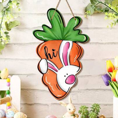 1 Piece Of Easter Wooden Decorative Hanging Easter Carrot Bunny Hi Front Door Sign, Cute Rabbit Wood Door Hanger Outdoor Outside Porch Decor, Spring Farmhouse Wooden Wreath Indoor Wall Hanging Decoration Easter Party Decorations, Holiday Home Decor