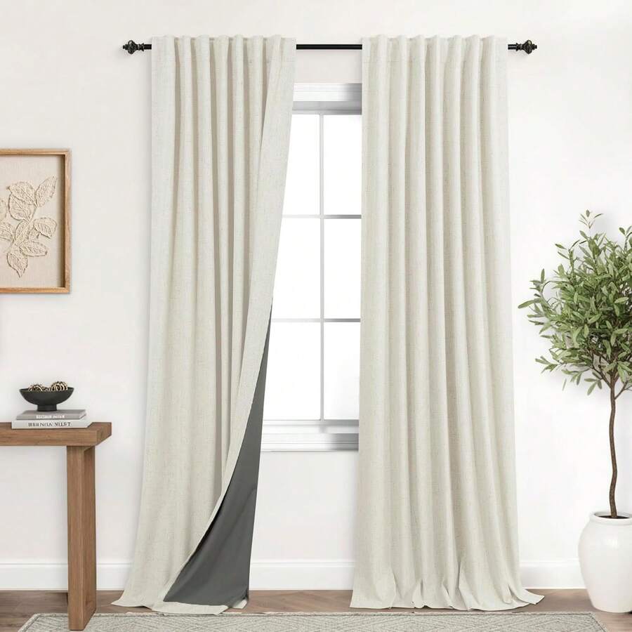Linen Blackout Curtains Cream Black Out Curtain 84 Inch Long,Thermal Curtains For Winter Insulated,Modern Farmhouse Boho Chic Decor Neutral Cottage Core Darkening Curtains For Bedroom Living Room - 淺藍色 - 查看 1