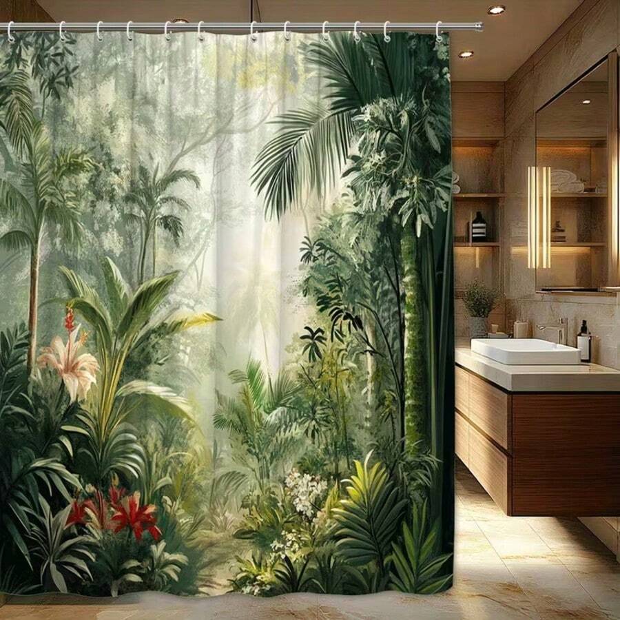 1pc Tropical Rainforest Shower Curtain With Frosted Effect - Vibrant Palm Leaves, Ferns And White Lilies Design, Durable Polyester Fabric, Machine Washable, Includes Hooks, Green Botanical Bathroom Decor, Suitable For Tropical Oasis, Bathroom Essentials, Shower Curtain Set, Home Decor, Bathroom Decoration, Bathroom Accessories, Gift - Multicolor - View 1