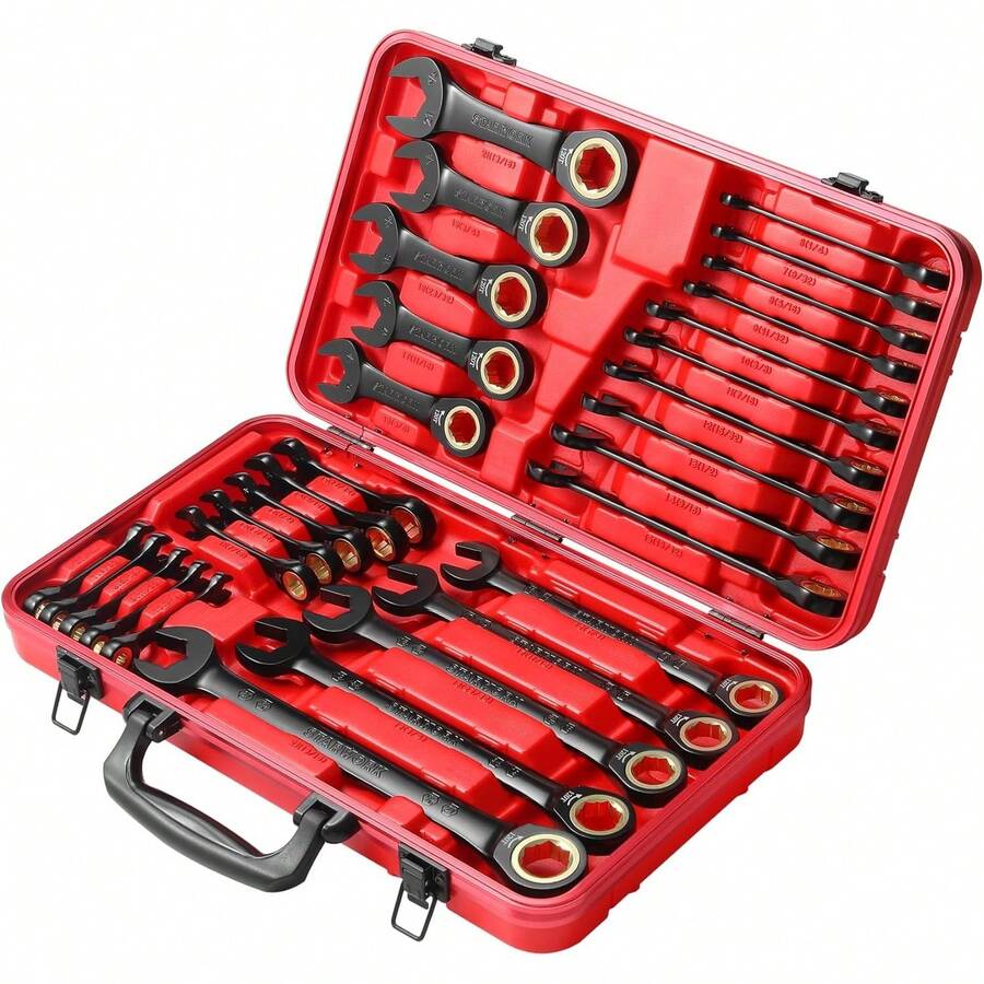 TRUE MECHANIC™ 30-Piece, 120T SAE&Metric Ratcheting Wrench Set, Gift Series With Red Case, Professional - 30pc-red - View 1