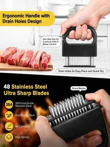 1个肉锤，肉松针 - 配有48根松肉针，符合人体工程学的手柄，牛排嫩肉器，厨房嫩肉器，嫩肉锤，厨房嫩肉工具，适用于牛排 - 彩色 - 查看 5