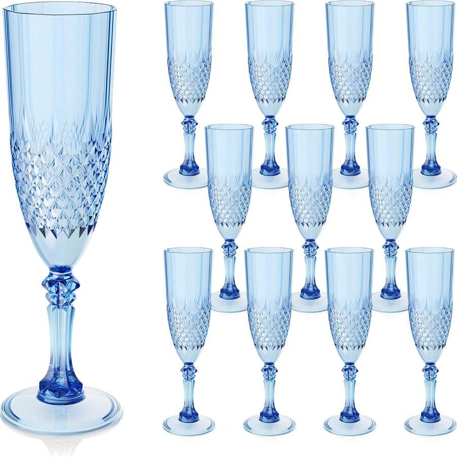 12PCS Blue Plastic Champagne Flutes - Unbreakable Toasting Cups For Holidays Weddings Parties - 藍色 - 查看 1