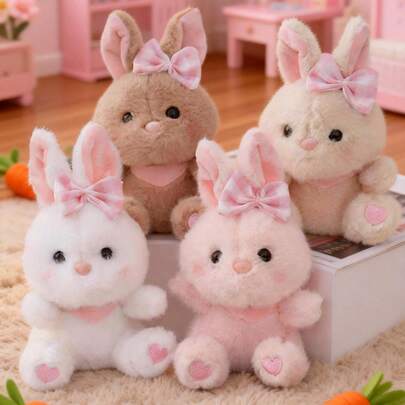 4pcs 15cm/5.9in Easter Bunny Plush Toys, Cute Animal Rabbit With Bow Stuffed Plush Dolls, Creative Decor Gift For Kids Birthday Party, Girls Room