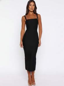 Summer Sleeveless Mid-Length Fitted Ribbed Dress, Sexy Bandage Dress, Elegant Black Cocktail Party Dress For Women - Black - View 5