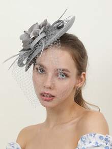 1顶女士迷人头饰，花朵造型，带面纱，适合鸡尾酒会、下午茶会和赛马会等场合，也适合赛马场单人排队、嘉年华下午茶会等。
