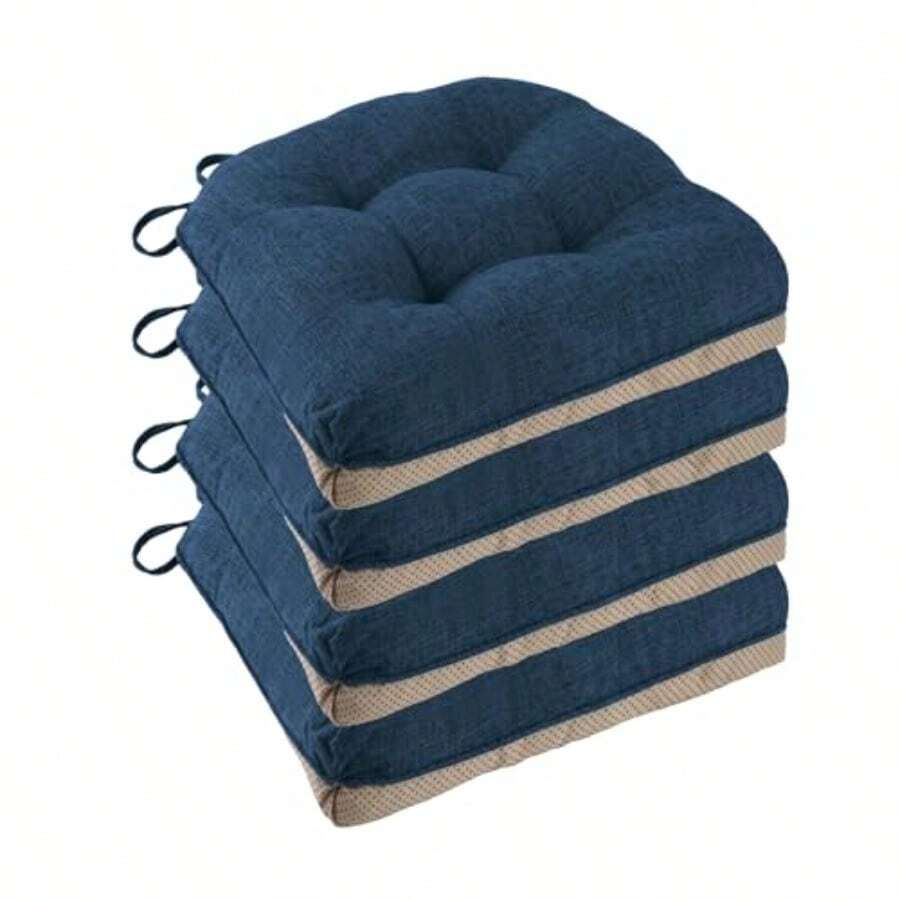Non Slip Chair Cushions For Dining Chairs Set Of 4 Kitchen Chair Cushions 18"X18"X3" Turfted Chair Pads Comfortable And Soft Seat Cushion With TiesAqua Blue - Navy - View 1