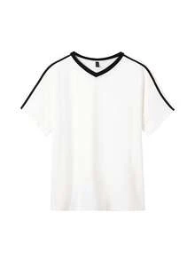 JUTU 2026 新款 V 領寬鬆黑色側條紋對比色 T-shirt，極簡短袖上衣，時尚休閒夏季度假風 - 634米白拼黑 - 查看 9