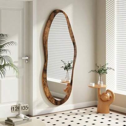 AAZZKANG Large Irregular Wall Mirror With Wood Framed 120x50cm Vintage Full Length Asymmetrical Vanity Mirrors For Bathroom Bedroom Living Room Entryway